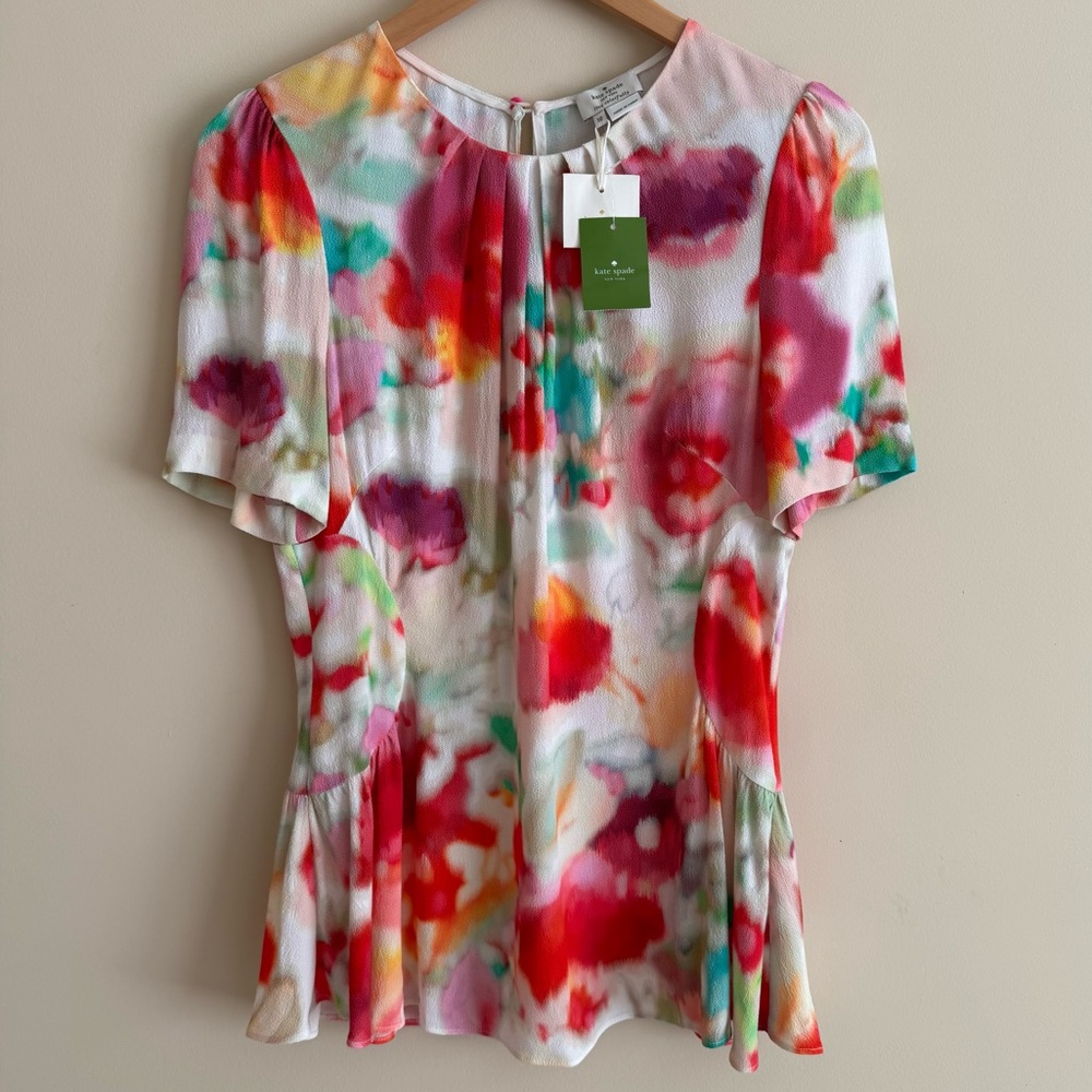 NWT Kate Spade Tulip Watercolor Peplum Short Sleeve Blouse Top